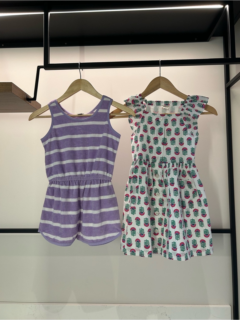 NWT Crewcuts Lavender & White Striped Romper (size 6) and printed dress (size 7)